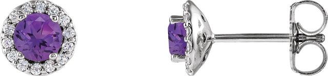 Platinum Natural Amethyst Round 4-Prong Halo-Style Earrings – 3-6mm Stones
