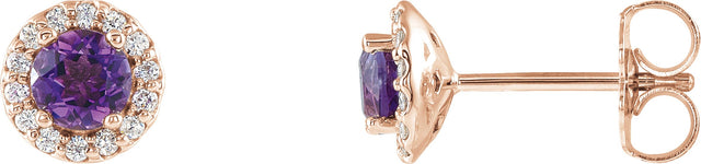 14K Gold Natural Amethyst Round 4-Prong Halo-Style Earrings – 3-6mm Stones - Rose Gold