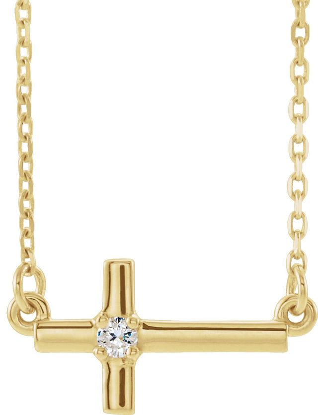 14K Gold Round Natural Diamond Sideways Cross Necklace – up to 1/10 CTW - Yellow Gold