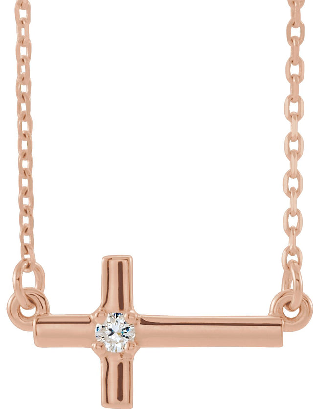 14K Gold Round Natural Diamond Sideways Cross Necklace – up to 1/10 CTW - Rose Gold