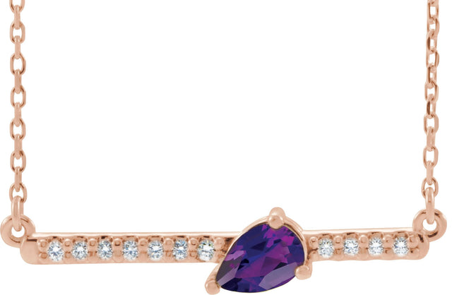 14K Gold Pear Natural Amethyst Accented Bar Necklace - Rose Gold