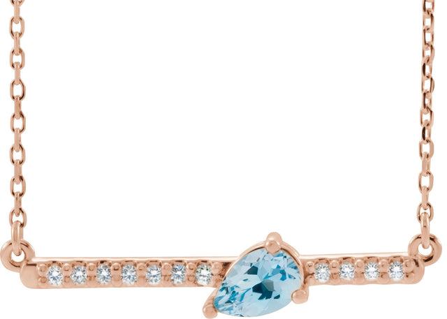 14K Gold Pear Natural Aquamarine Accented Bar Necklace - Rose Gold