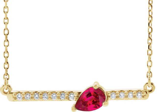 14K Gold Pear Lab-Grown Ruby Accented Bar Necklace - Yellow Gold