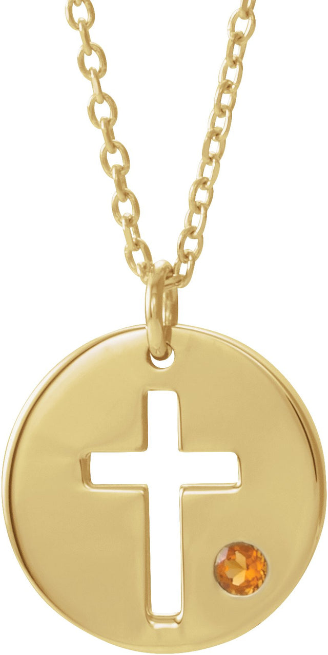 14K Gold Round Natural Citrine Pierced Cross Disc Necklace or Pendant - Yellow Gold