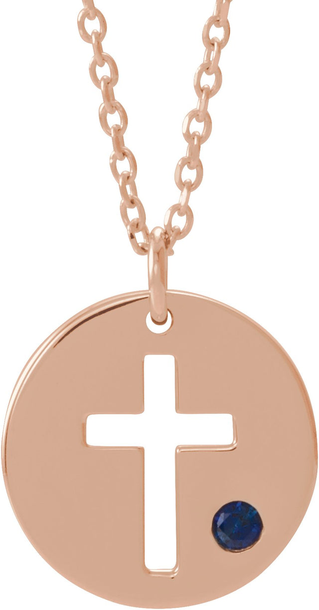 14K Gold Round Natural Blue Sapphire Pierced Cross Disc Necklace or Pendant - Rose Gold