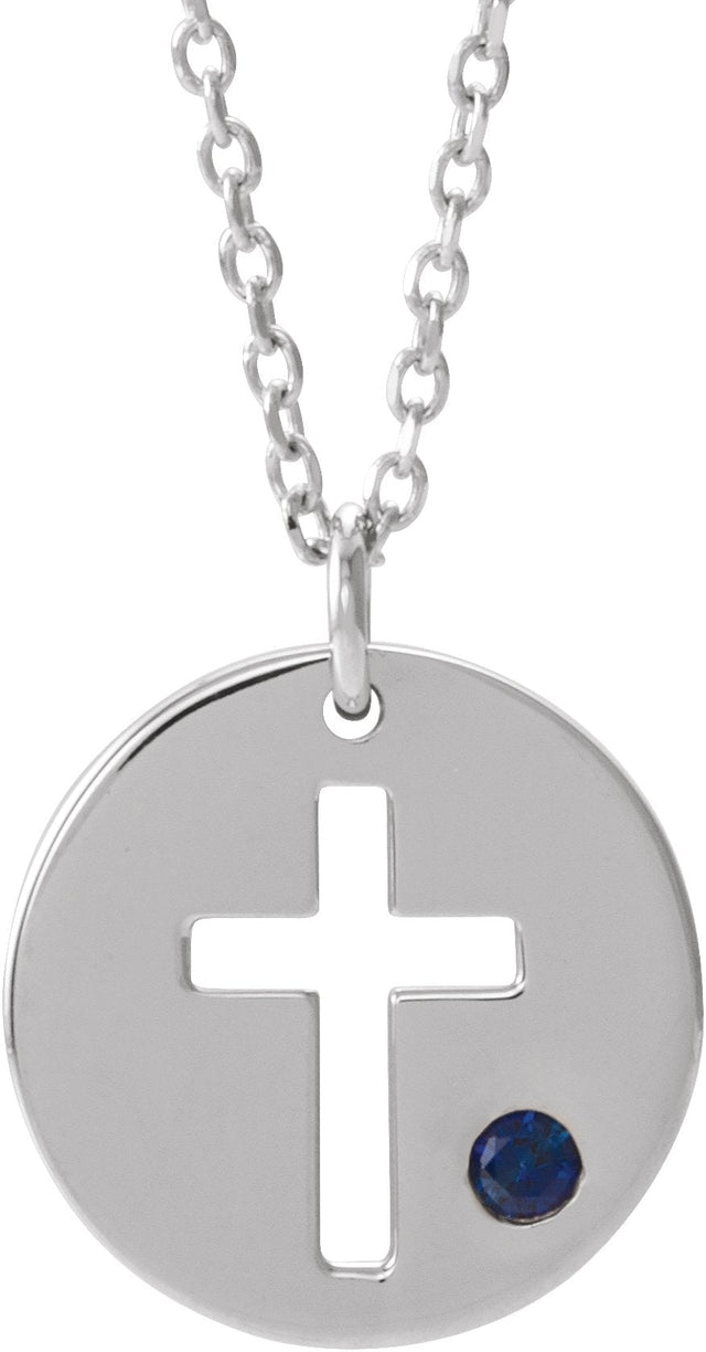 14K Gold Round Natural Blue Sapphire Pierced Cross Disc Necklace or Pendant - White Gold
