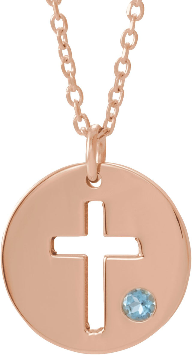 14K Gold Round Natural Aquamarine Pierced Cross Disc Necklace or Pendant - Rose Gold