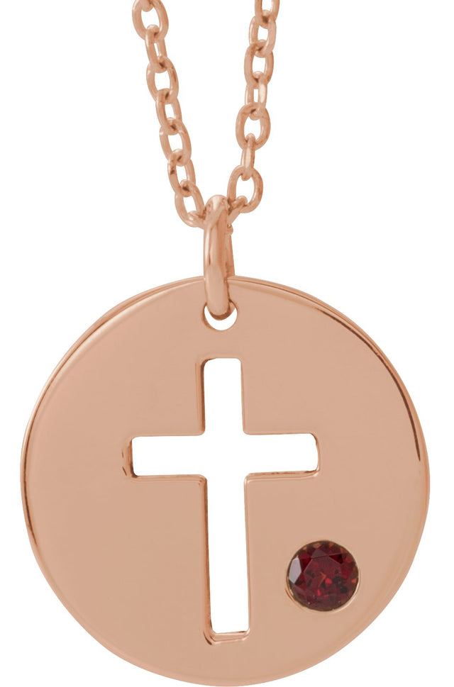 14K Gold Round Natural Mozambique Garnet Pierced Cross Disc Necklace or Pendant - Rose Gold