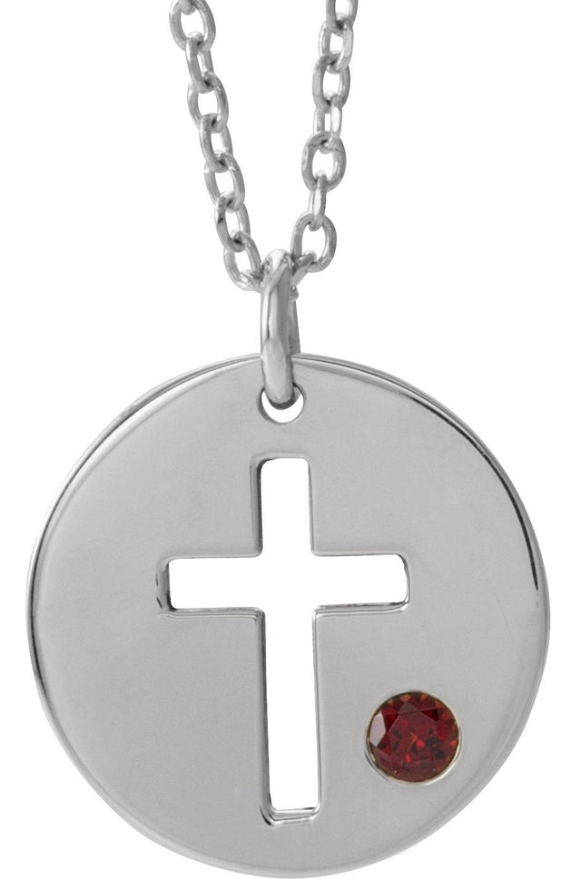 14K Gold Round Natural Mozambique Garnet Pierced Cross Disc Necklace or Pendant - White Gold