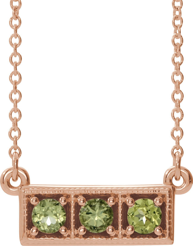 14K Gold Round Natural Peridot Three-Stone Bar Necklace - Rose Gold