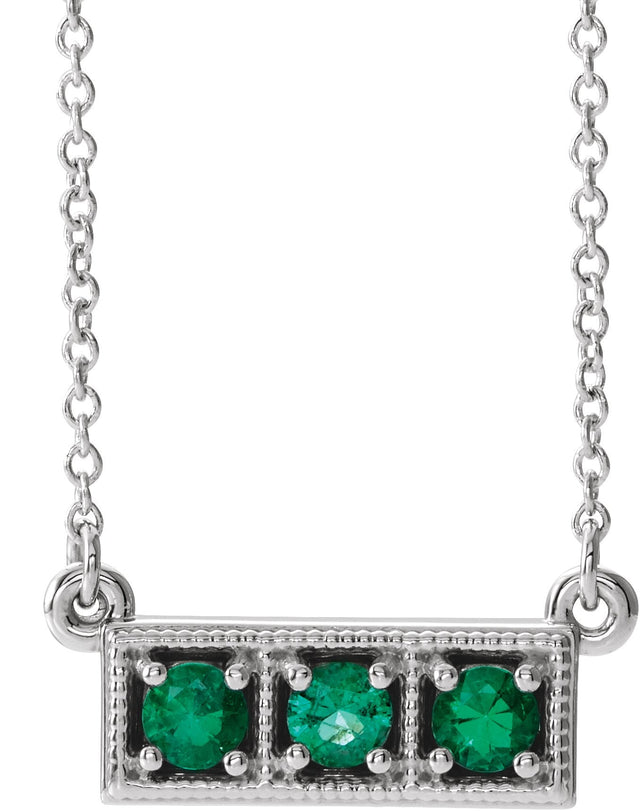 Platinum Round Natural Emerald Three-Stone Bar Necklace