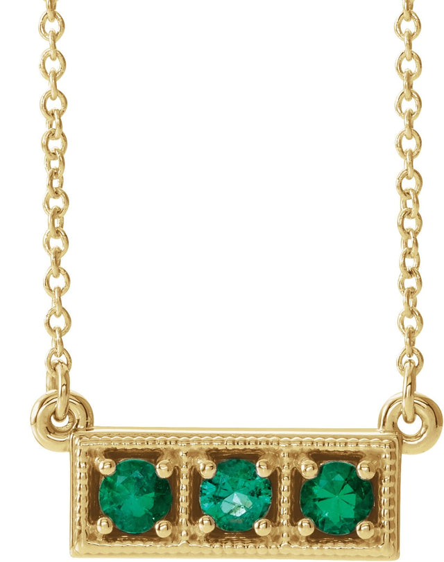 14K Gold Round Natural Emerald Three-Stone Bar Necklace - Yellow Gold