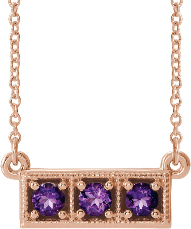 14K Gold Round Natural Amethyst Three-Stone Bar Necklace - Rose Gold
