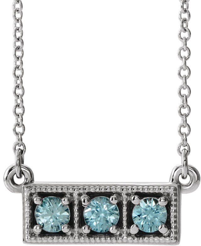 Platinum Round Natural Blue Zircon Three-Stone Bar Necklace