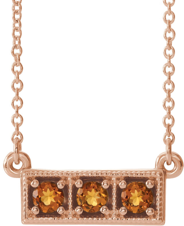 14K Gold Round Natural Citrine Three-Stone Bar Necklace - Rose Gold