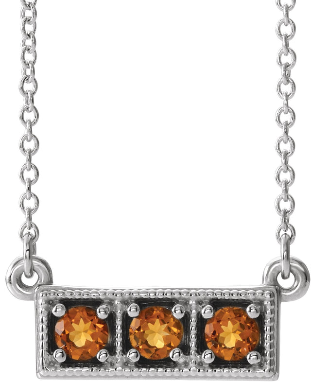 14K Gold Round Natural Citrine Three-Stone Bar Necklace - White Gold