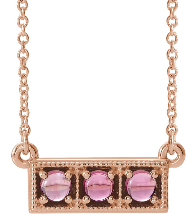14K Gold Round Natural Pink Tourmaline Three-Stone Bar Necklace - Rose Gold