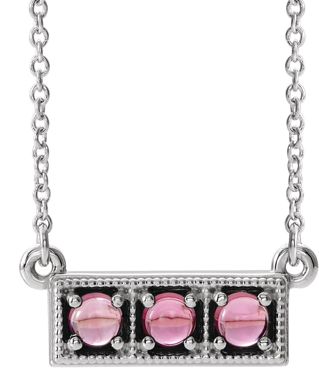 14K Gold Round Natural Pink Tourmaline Three-Stone Bar Necklace - White Gold
