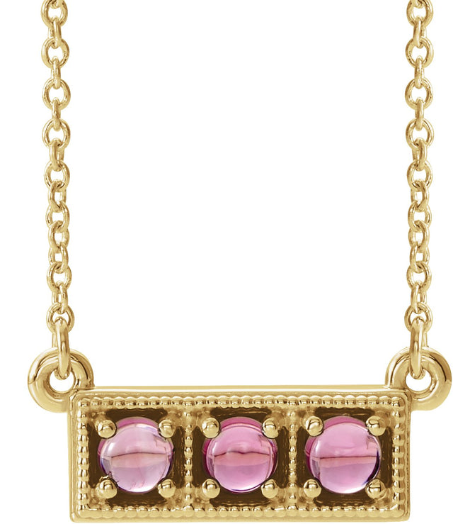 14K Gold Round Natural Pink Tourmaline Three-Stone Bar Necklace - Yellow Gold
