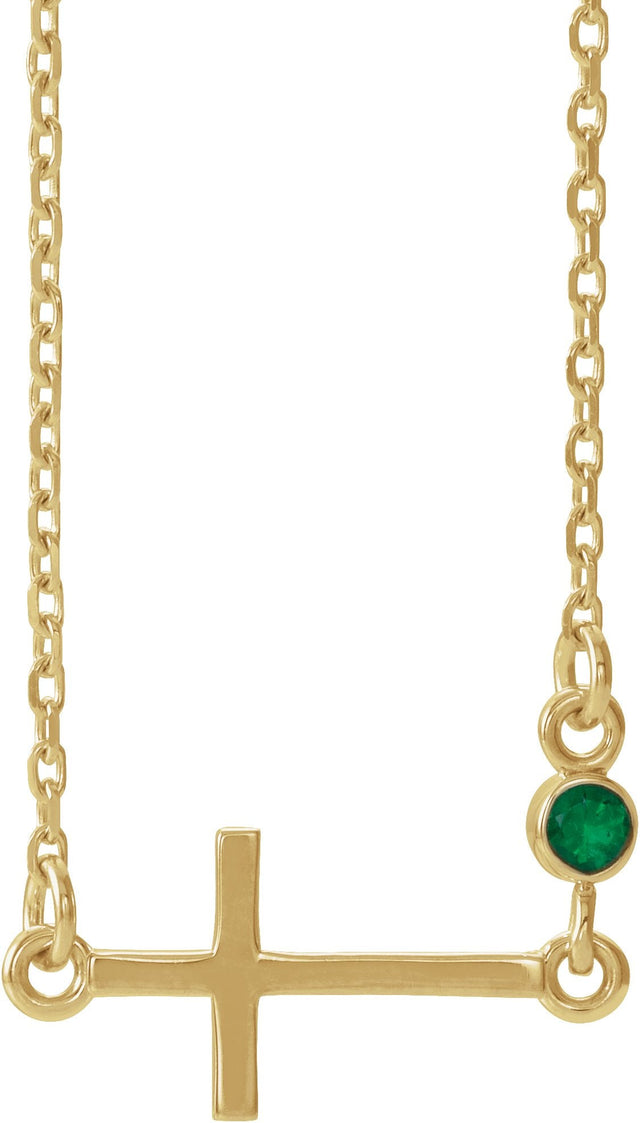 14K Gold Round Lab-Grown Emerald Accented Sideways Cross Necklace - Yellow Gold