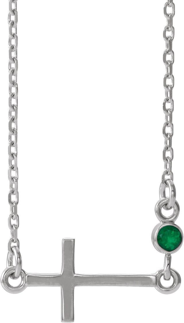 14K Gold Round Natural Emerald Accented Sideways Cross Necklace - White Gold