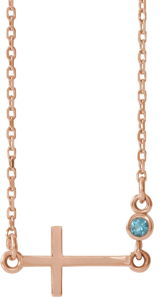 14K Gold Round Natural Aquamarine Accented Sideways Cross Necklace - Rose Gold