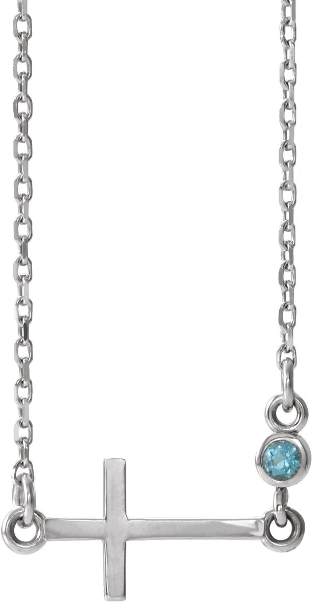 14K Gold Round Natural Aquamarine Accented Sideways Cross Necklace - White Gold