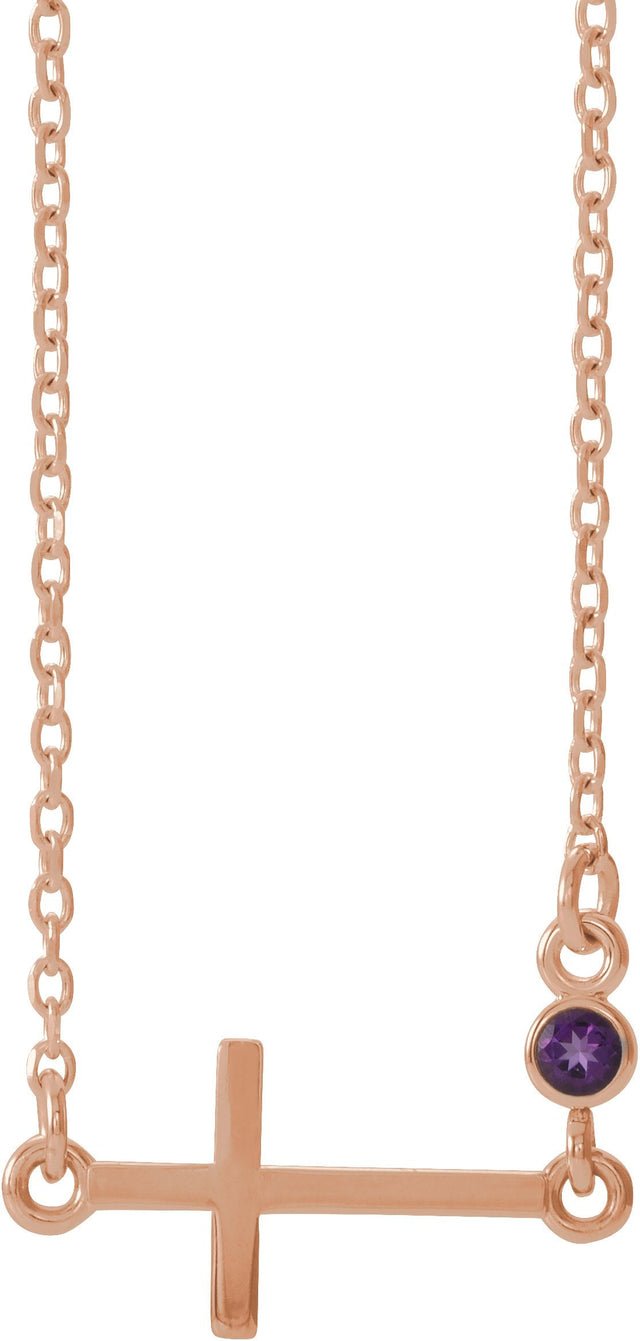 14K Gold Round Natural Amethyst Accented Sideways Cross Necklace - Rose Gold