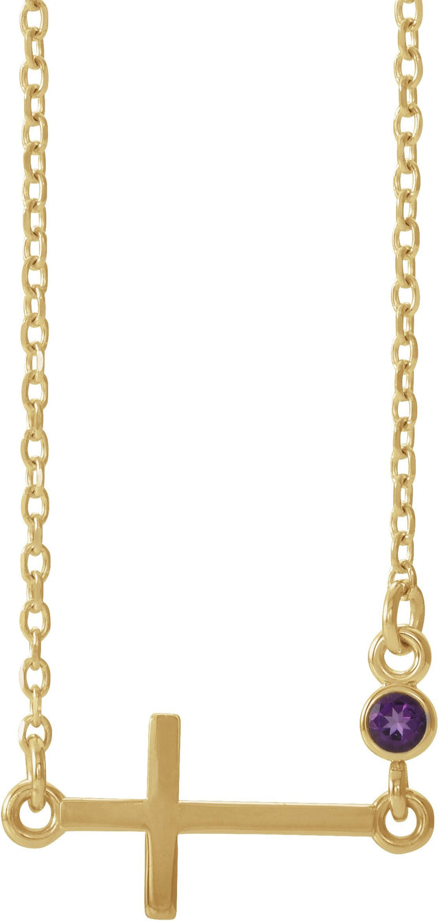 14K Gold Round Natural Amethyst Accented Sideways Cross Necklace - Yellow Gold