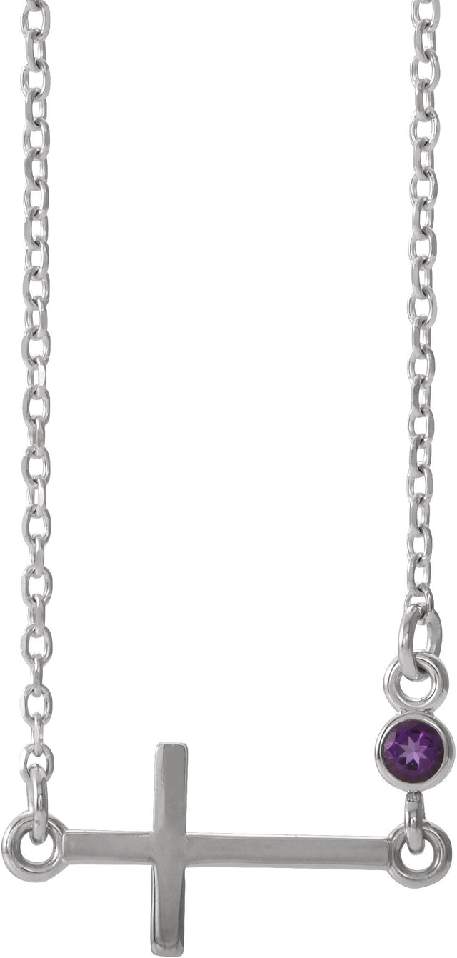 14K Gold Round Natural Amethyst Accented Sideways Cross Necklace - White Gold