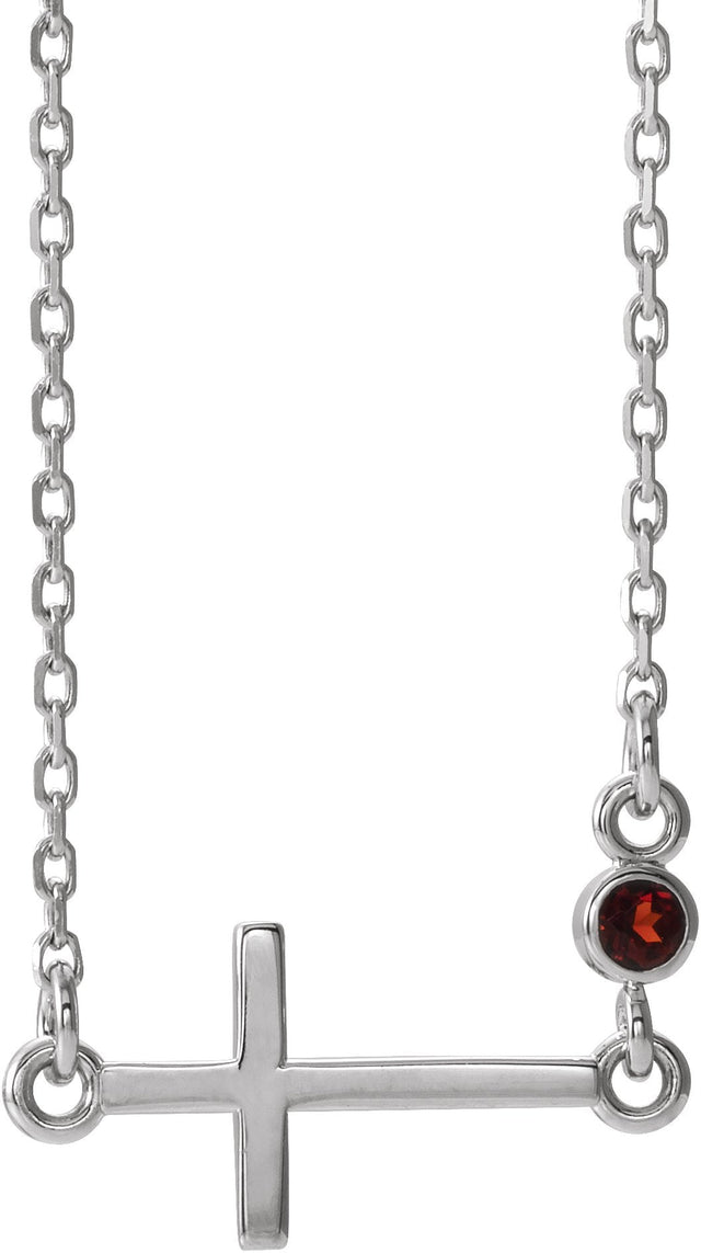 14K Gold Round Natural Mozambique Garnet Accented Sideways Cross Necklace - White Gold