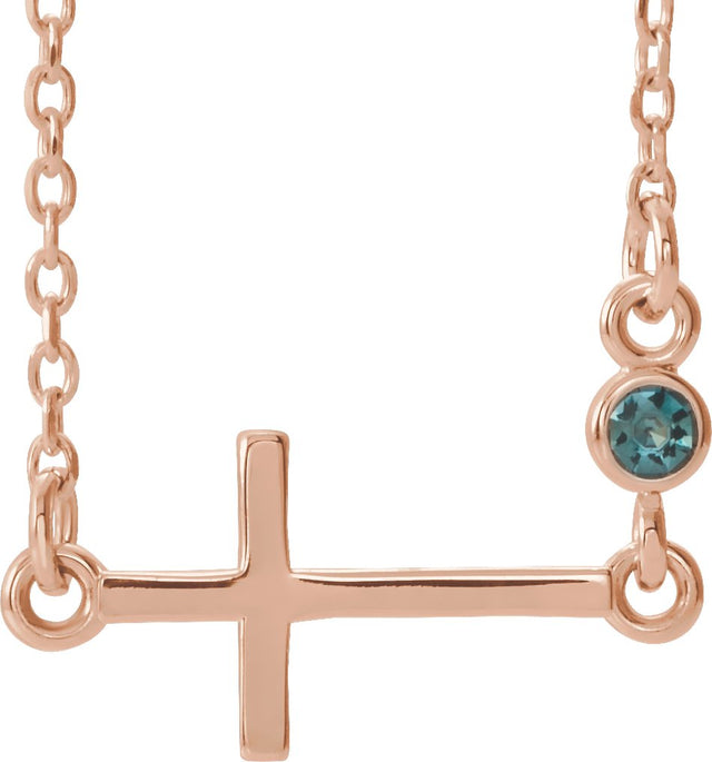 14K Gold Round Natural Alexandrite Accented Sideways Cross Necklace - Rose Gold