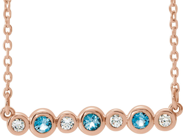 14K Gold Round Natural Aquamarine Bezel-Set Bar Necklace – 0.08 CTW - Rose Gold
