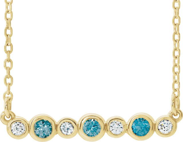 14K Gold Round Natural Blue Zircon Bezel-Set Bar Necklace – 0.08 CTW - Yellow Gold
