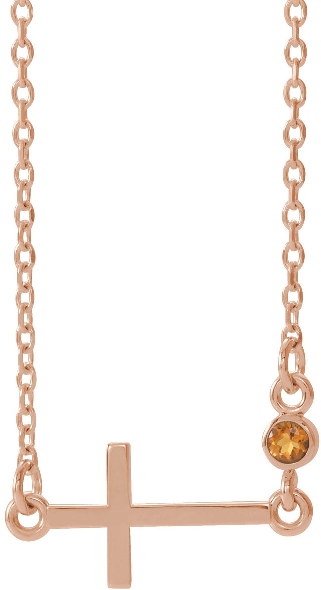 14K Gold Round Natural Citrine Accented Sideways Cross Necklace - Rose Gold