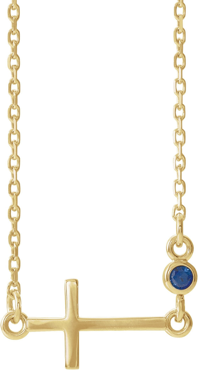 14K Gold Round Lab-Grown Blue Sapphire Accented Sideways Cross Necklace - Yellow Gold