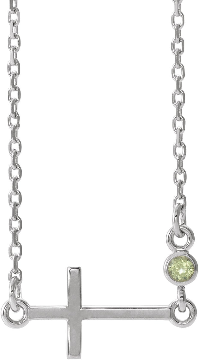 14K Gold Round Natural Peridot Accented Sideways Cross Necklace - White Gold