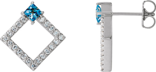 14K Gold Square Natural Aquamarine Accented Geometric Earrings - White Gold