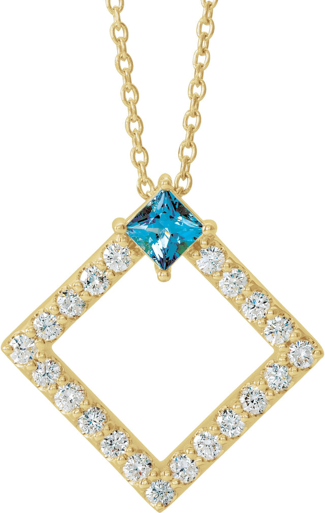 14K Gold Square Natural Aquamarine Accented Geometric Necklace or Pendant - Yellow Gold