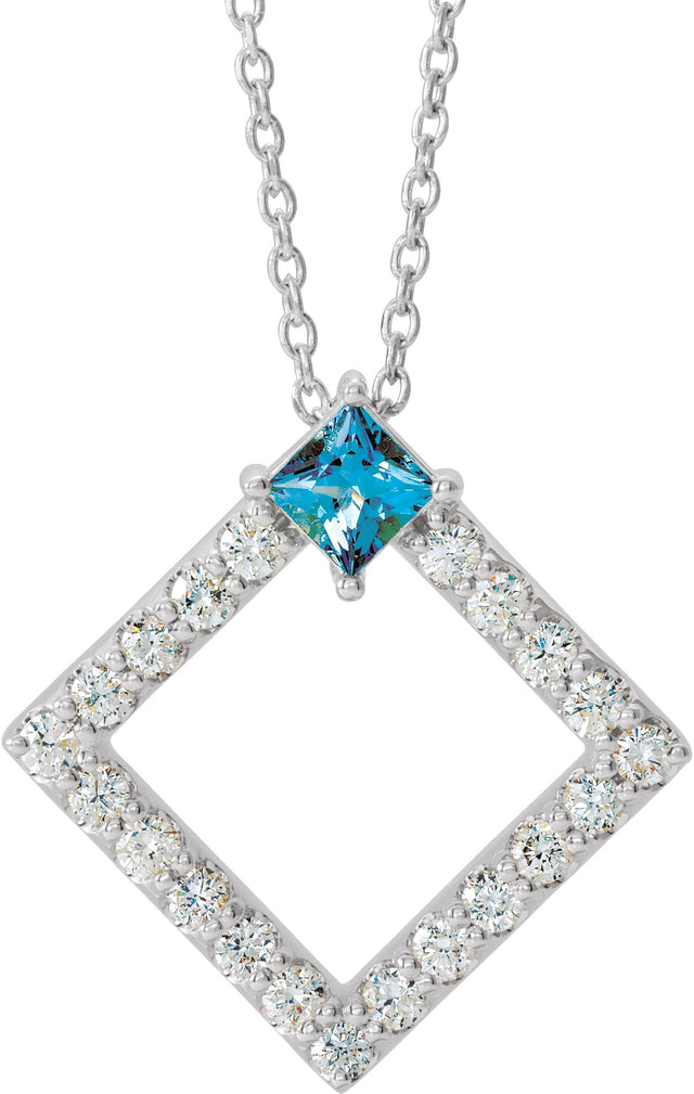 Platinum Square Natural Aquamarine Accented Geometric Necklace or Pendant