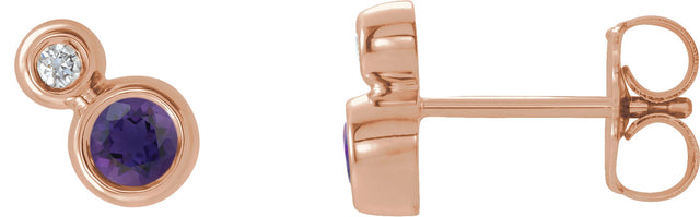 14K Gold Round Natural Amethyst Accented Bezel-Set Earrings – 3-5mm Stones - Rose Gold