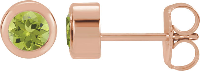 14K Gold Natural Peridot Round Bezel-Set Birthstone Stud Earrings - Rose Gold