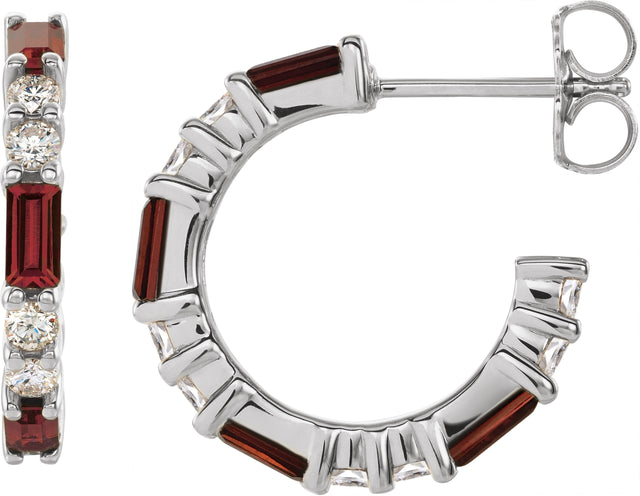 14K Gold Straight Baguette Natural Mozambique Garnet Accented Hoop Earrings - White Gold