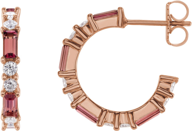 14K Gold Straight Baguette Natural Pink Tourmaline Accented Hoop Earrings - Rose Gold
