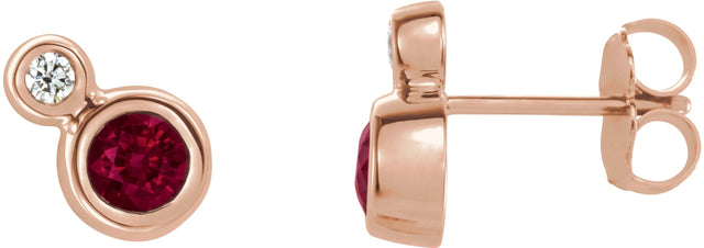 14K Gold Round Lab-Grown Ruby Accented Bezel-Set Earrings – 3-5mm Stones - Rose Gold