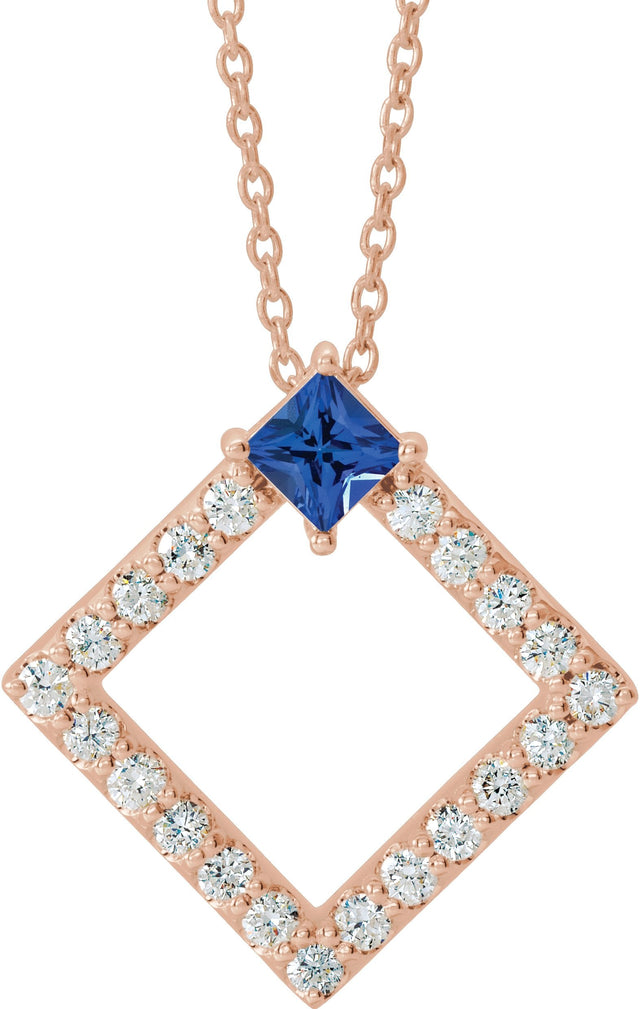 14K Gold Square Natural Tanzanite Accented Geometric Necklace or Pendant - Rose Gold
