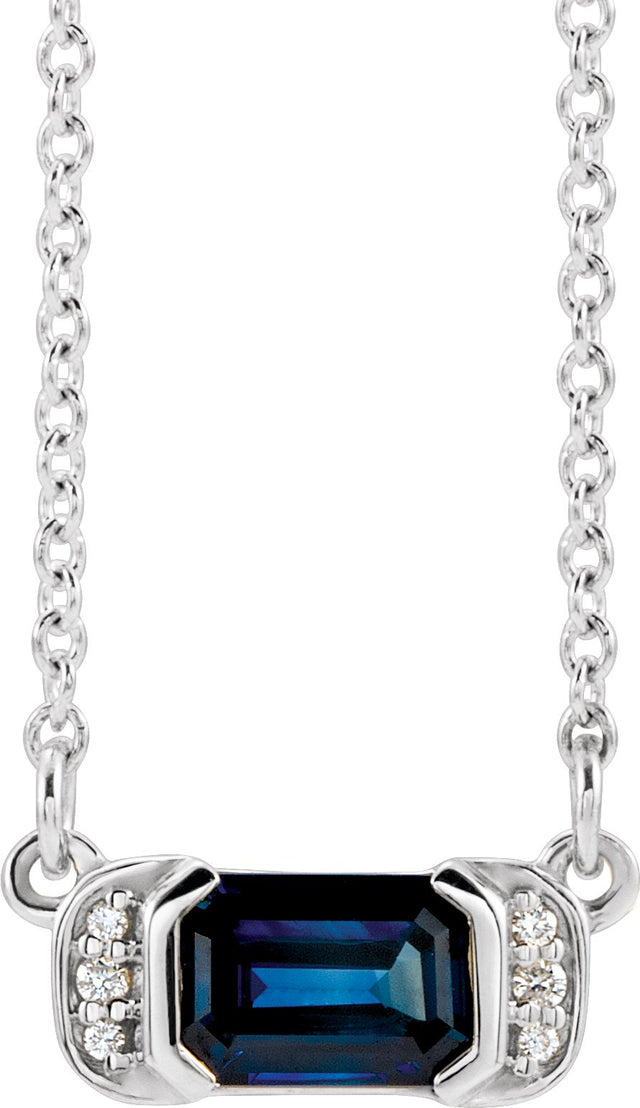 14K Gold Emerald Natural Blue Sapphire Accented Bar Necklace - White Gold