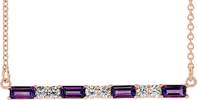 14K Gold Straight Baguette Natural Amethyst Accented Bar Necklace - Rose Gold