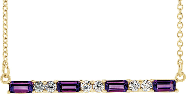 14K Gold Straight Baguette Natural Amethyst Accented Bar Necklace - Yellow Gold