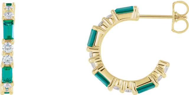14K Gold Straight Baguette Natural Emerald Accented Hoop Earrings - Yellow Gold